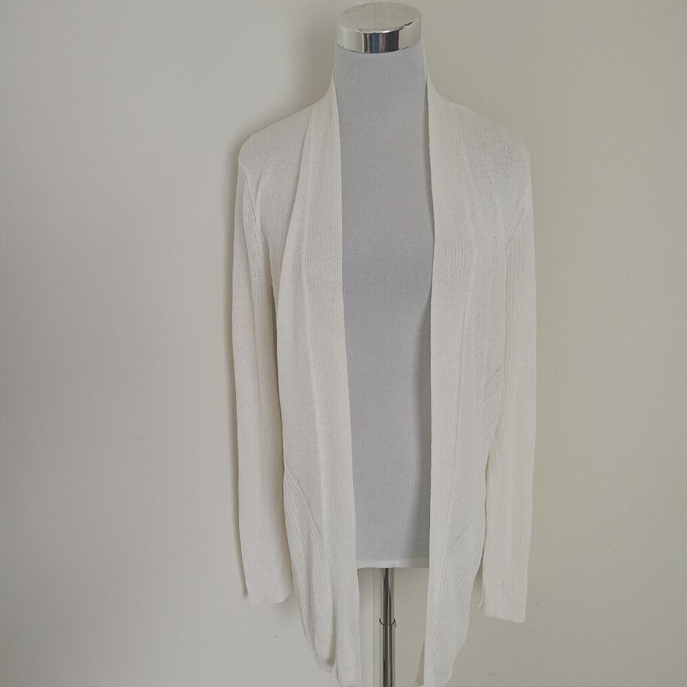 POINTELLE BRAND White Ribbed Knit Long Open Sweater Cardigan Super Size Medium??